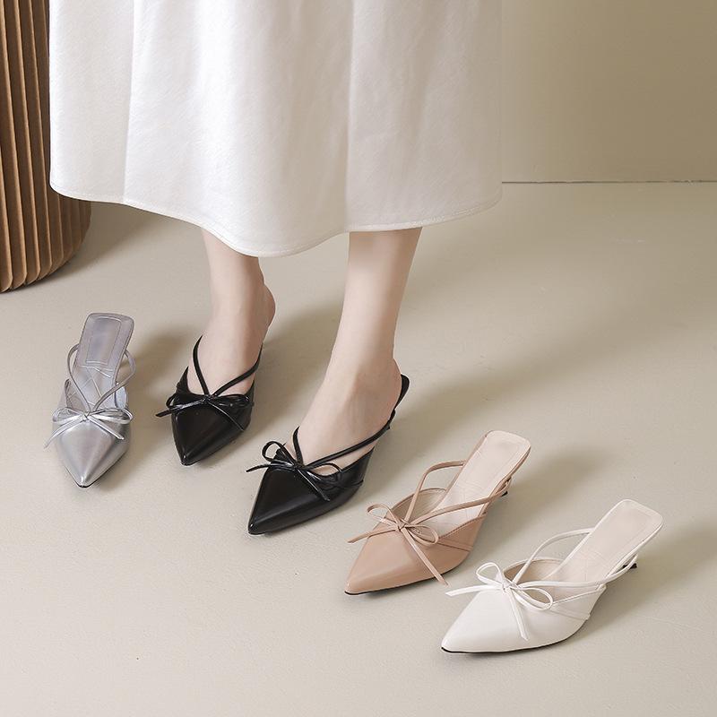 stiff heel bow bag head half slippers fairy shoes 2025 summer new French temperament large size half slippers woman