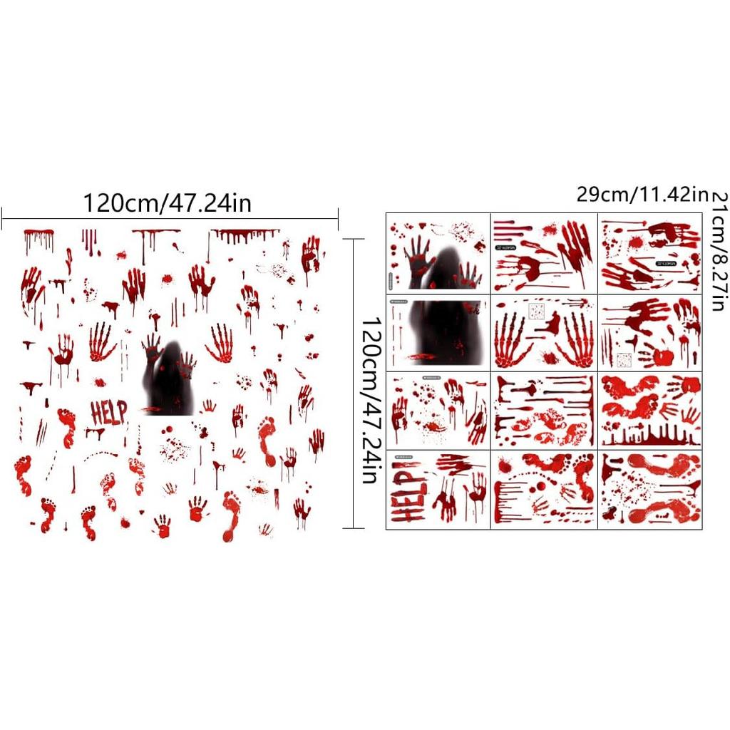 Halloween Bloody Handprint Footprint Window Stickers Wall Stickers for Halloween Party Decorations ide Outside Decor Come with Plastic Scraper Tools
