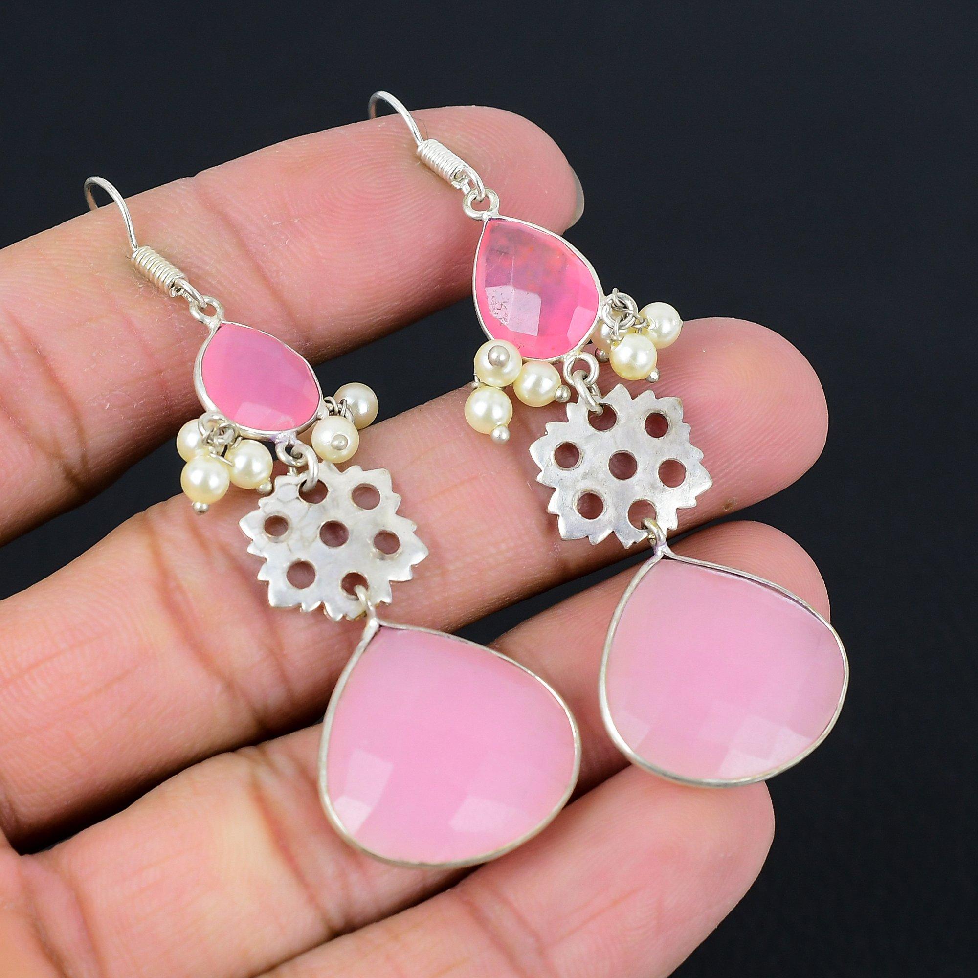

Sterling Silver Pear Pink Chalcedony Gemstone Dangle Drop New Earrings Jewelry