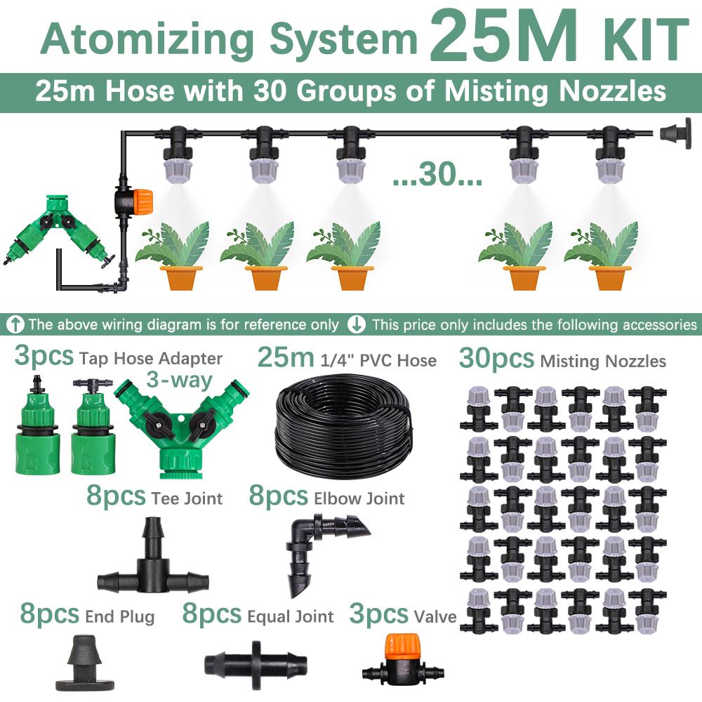 30-10m 60W Self-priming Pump Kit Misting Cooling System 1/4" 4/7mm Adjustable Nozzle Atomizer Sprayer Garden Irrigation Watering