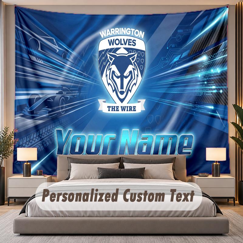Custom Name Text Tapestry Warrington Wolves Personalized Polyester Wall Tapestry For Bedroom And Room