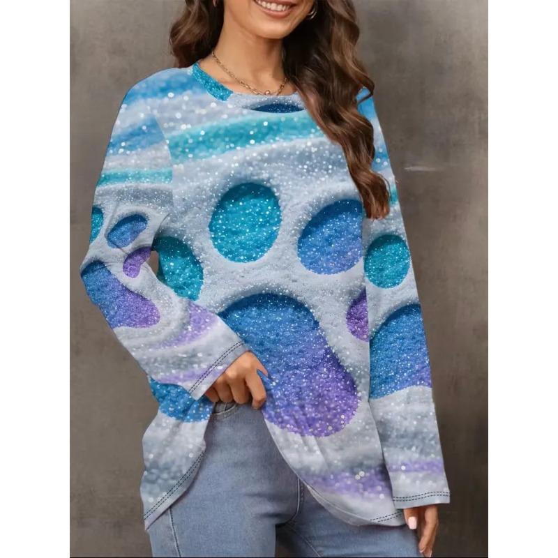 Damen Herbst und Winter 3D-Druck Rundhals Langarm T-Shirt Mode Vielseitig Trend Atmungsaktiv Lässig