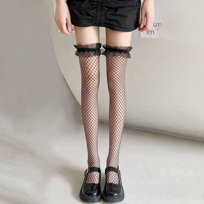 Pure Desire Fishnet Lace Black Silk Stockings - Sexy Over-the-Knee Thin Style for Women