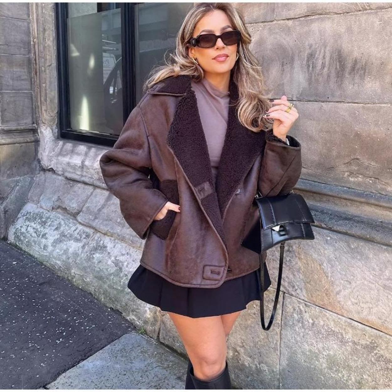 Толстая искусственная кожа овечья шерсть куртка женская осень зима лацкан однобортное — фото 5