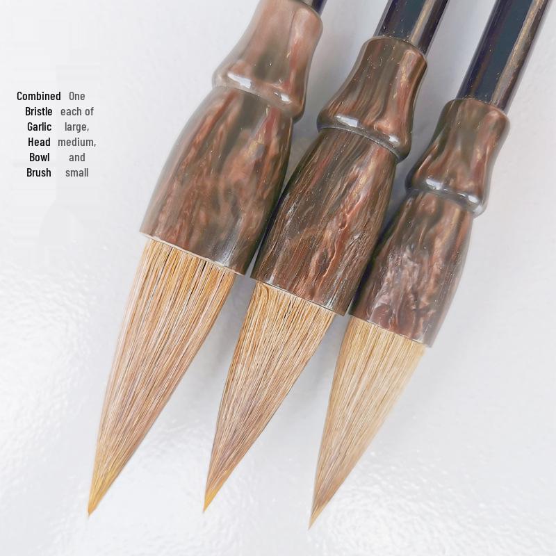 Mixed Hair Chinese Painting and Calligraphy Brush Set: Garlic Head Brush with Sheep and Wolf Hair—Large, Medium, Small for Peony and Plum Painting.