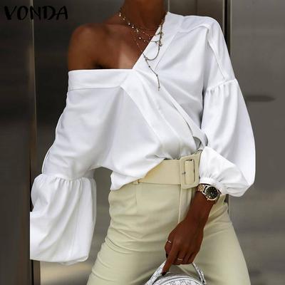 Women Autumn V-Neck Lantern Long Sleeve Solid Color Blouses