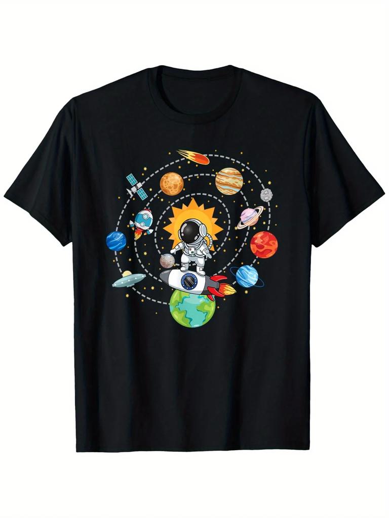 Astronaut Solar System Planets Graphic Tee Cotton Round Neck Unisex Short Sleeve Science TShirt