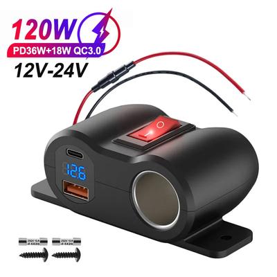 Προσαρμογέας Φορτιστή Κινητού Αυτοκινήτου PD QC3.0 Υποδοχή 120W Προσαρμογέας Τροφοδοσίας Αναπτήρα Γρήγορη Φόρτιση 12/24V με Βολτόμετρο Διακόπτη On/off