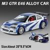1:24 M3 GTR E46 Model Racing Car Toys Alloy Diecast Sound Light Doors Opened Shock Absorption Pull Back Simulation Supercars