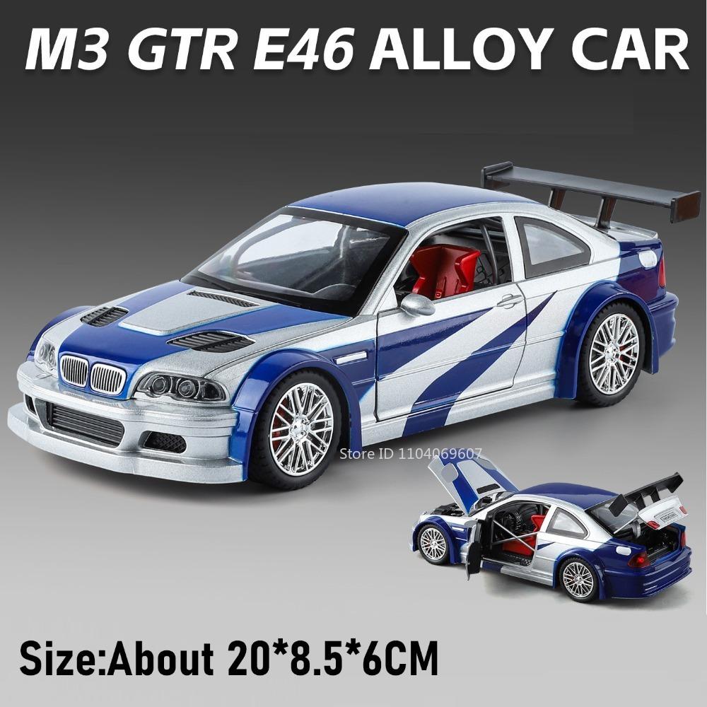 1:24 M3 GTR E46 Model Racing Car Toys Alloy Diecast Sound Light Doors Opened Shock Absorption Pull Back Simulation Supercars