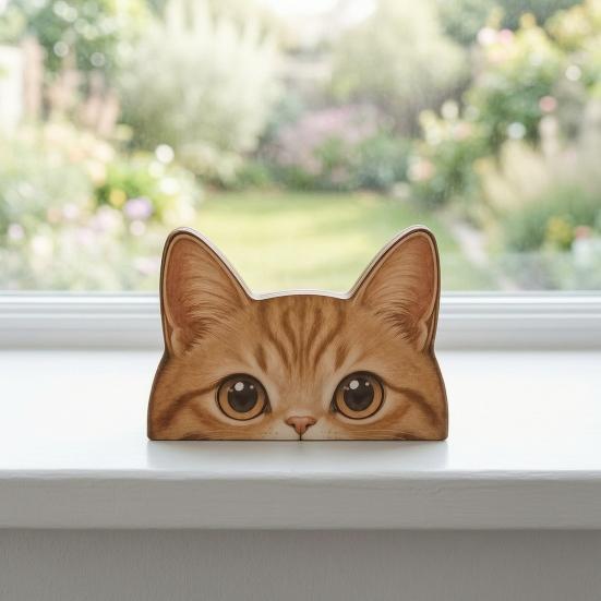 Thoughtful Gifts for Cat Owners Peeking Orange Wooden Figurine, Cute Head Decoration, Handmade Durable Sculptures Natural Wood Tabletop Ornament, Gift