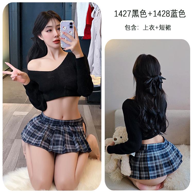 Sexy lingerie sexy jk plaid skirt low neckline sweater set pure desire uniform student 47