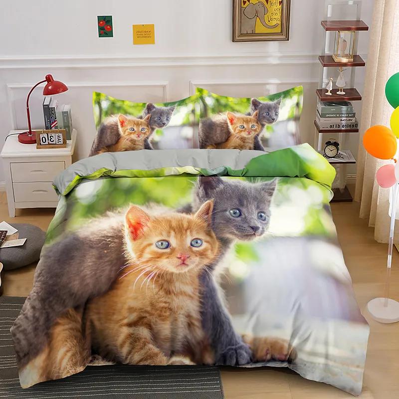 Pet Animal Bedding Set Cute Cat Bedding For Kids Quilt Cover Pillowcase Comforter Cover Kawaii Kitty Soft Polyester Duvet Cover