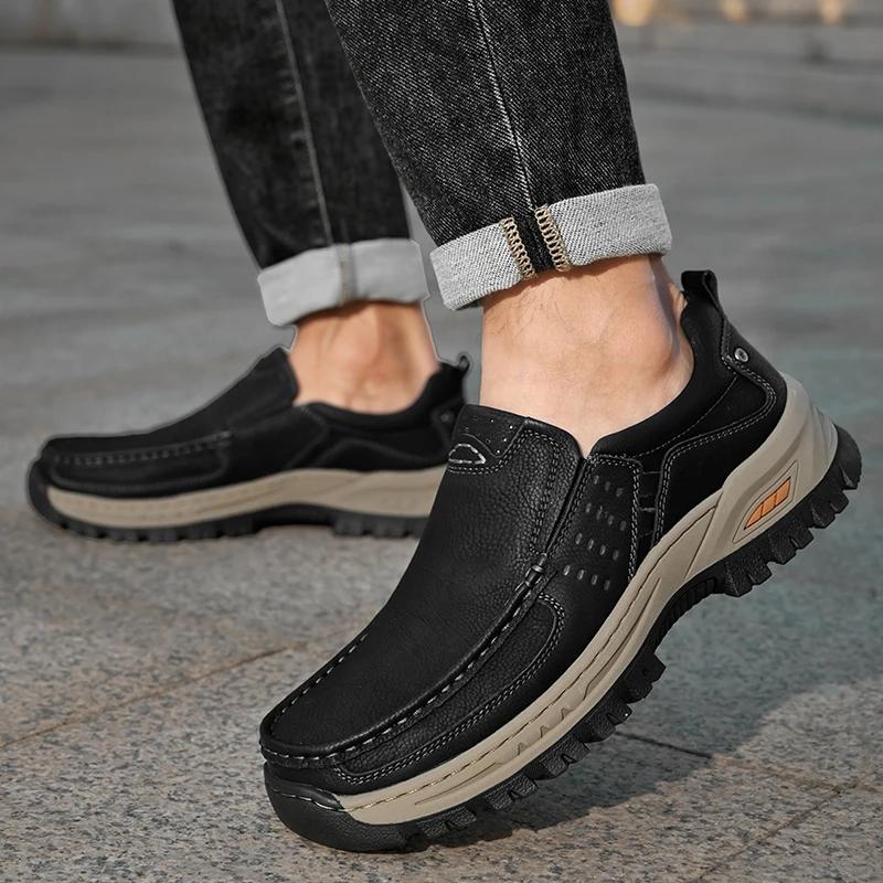 Sapatos Casuais Masculinos de Couro Confortáveis Clássicos Mocassins Masculinos para Caminhada ao Ar Livre Tênis Casuais Masculinos para Homens Tênis
