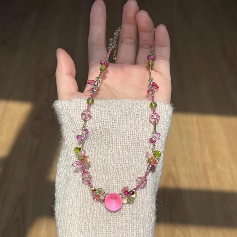 New Cute Aesthetic Resin Cherry Fruit Flower Pendant Bead Choker Clavicle Chain Necklace For Girls Y2K Charm Jewelry Accessories
