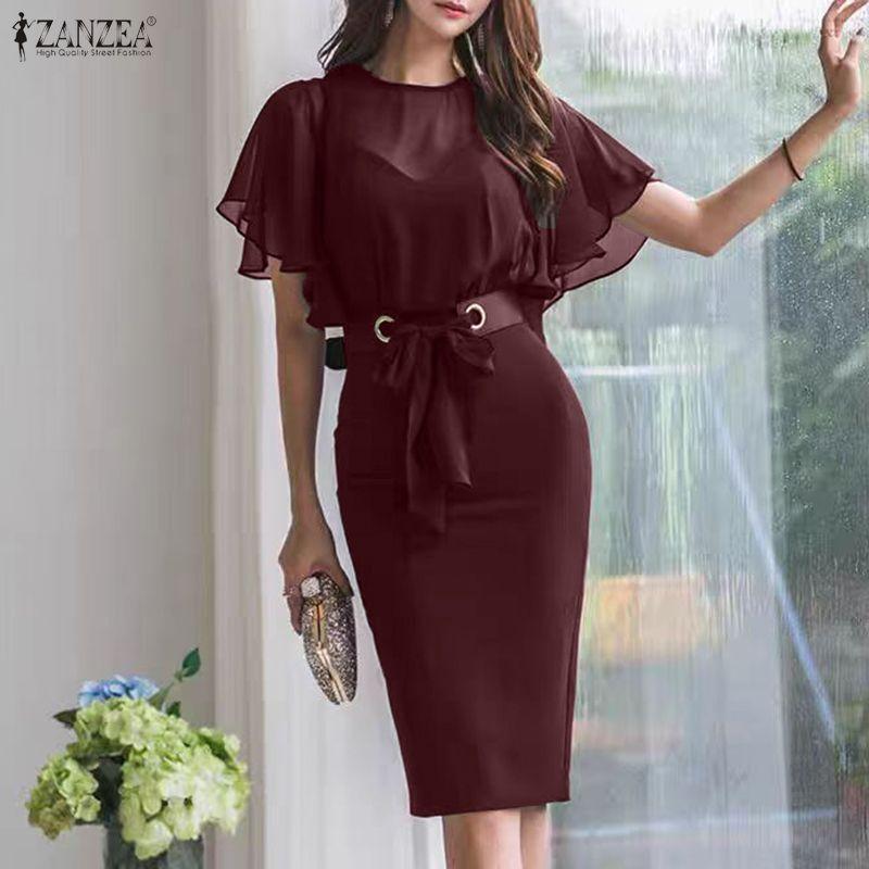 ZANZEA Women Elegant Casual Round Neck Short Sleeve Sheath Dress