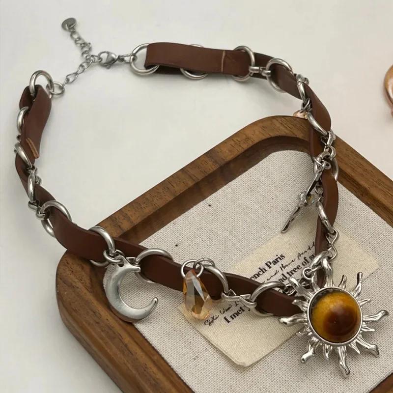 

2026 New Punk Sunflower Leather Necklace Stars Vintage Pendant Chocker Necklaces for Women Couple Gift Fashion Charm Jewelry