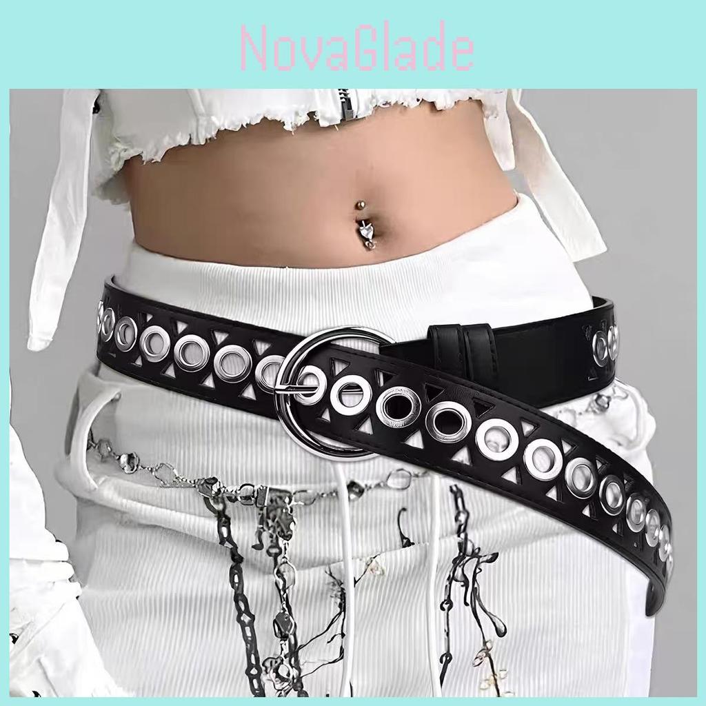 Style Double Row Buckle Belt For Denim Jeans With Metal Eyelet Closure