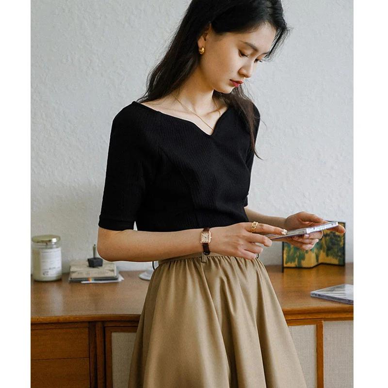 Summer Women V Neck Half Sleeve Knit Top Slim Fit Base