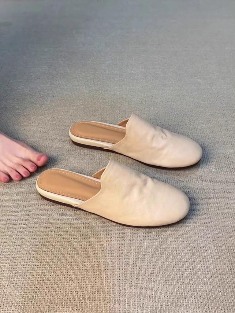 Sheepskin~ 2025 New Minimalist Style Leather Baotou Slippers Women's Summer Outer Wear Flat Bottom Sandals