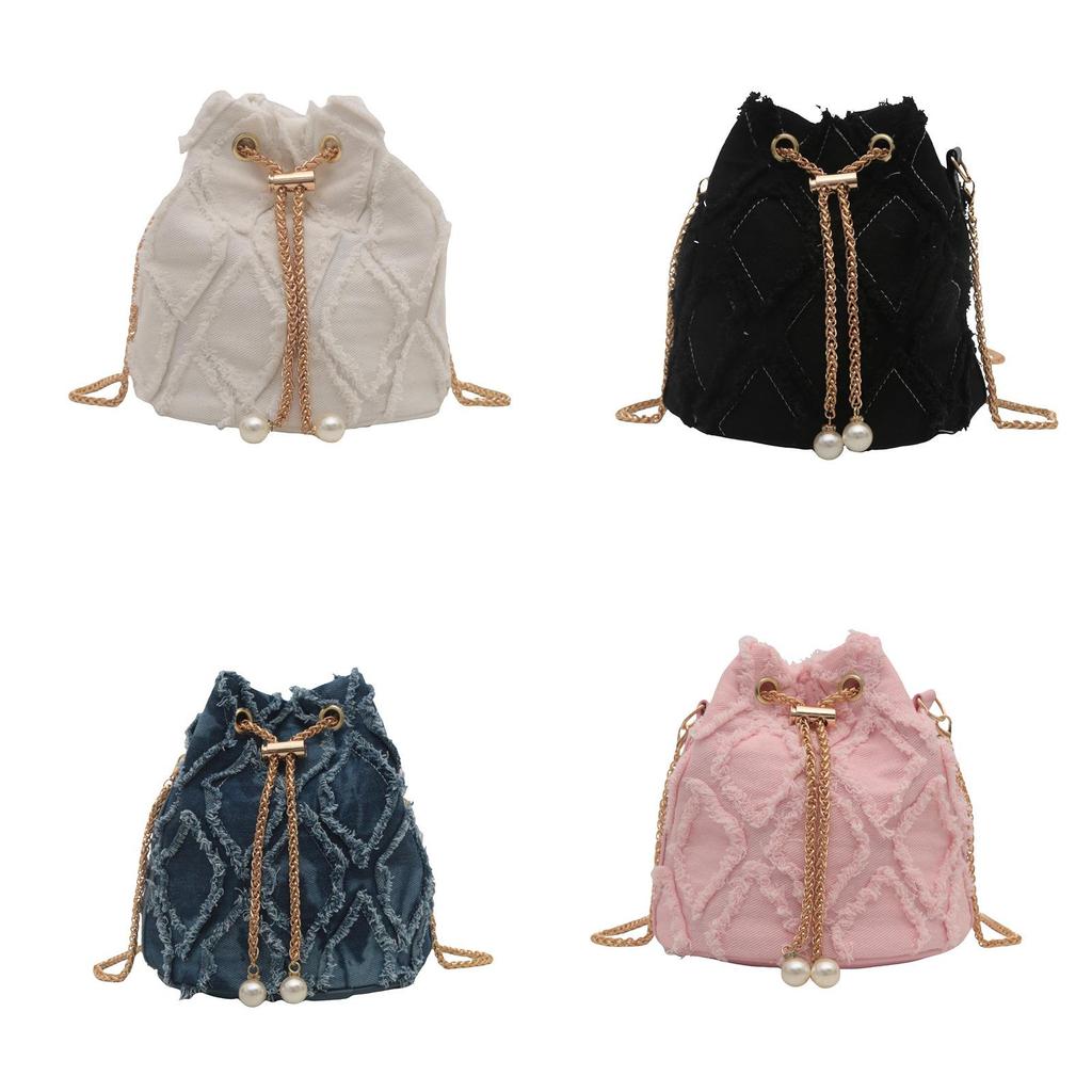 Borsa a tracolla in denim con catena e chiusura a coulisse per la moda quotidiana da donna