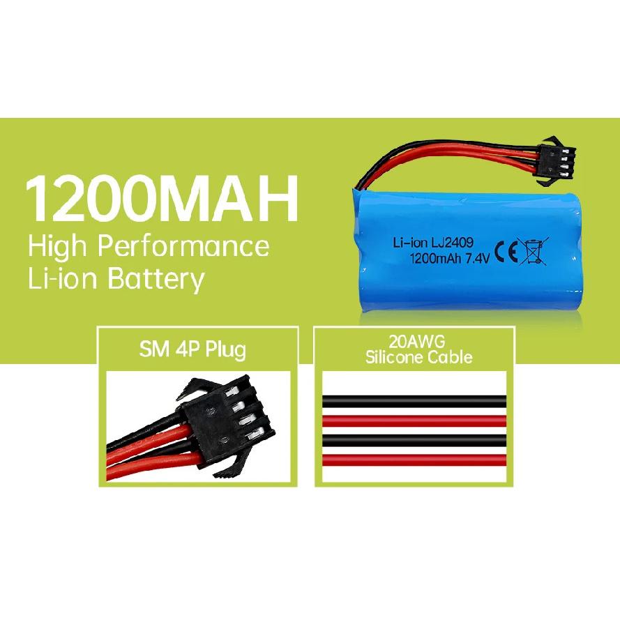 2PCS 7.4V 1200mAh Lithium Battery with SM-4P 4-Pin Plug for EC08 RC Boat RC Car Model Spare Battery