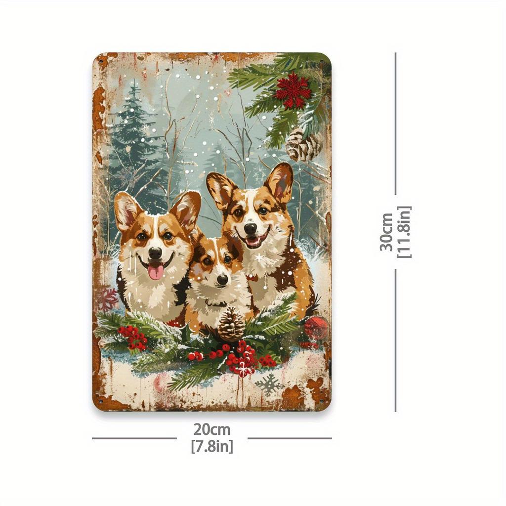Vintage Christmas Corgi Metal Tin Sign - 8x12 Inch | Durable Iron Wall Art for Home, Gym, Cafe, Garage & Garden Decor | Easy-Han
