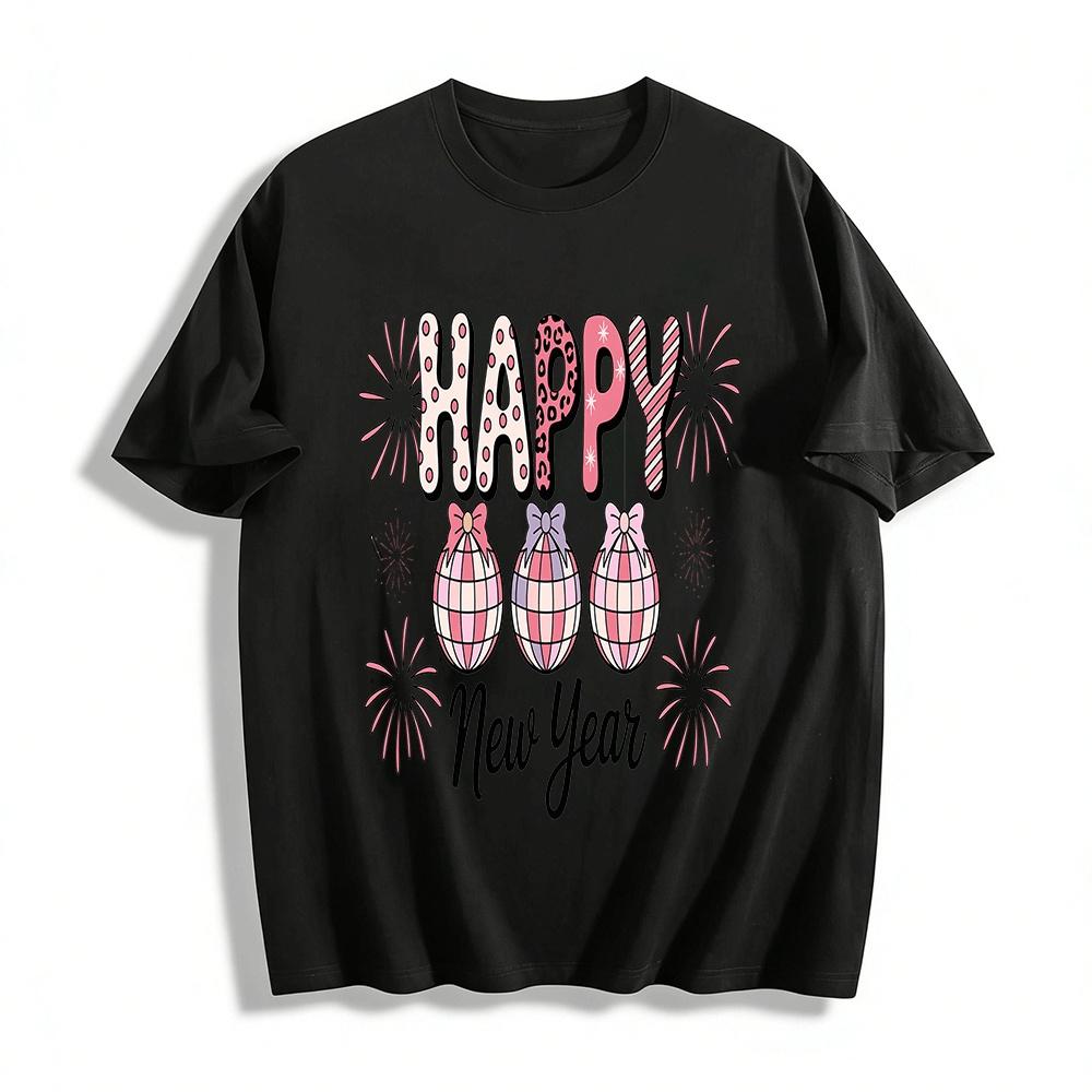

Happy New Year Plaid Bauble Print Casual Top Pure cotton T-shirt XXS