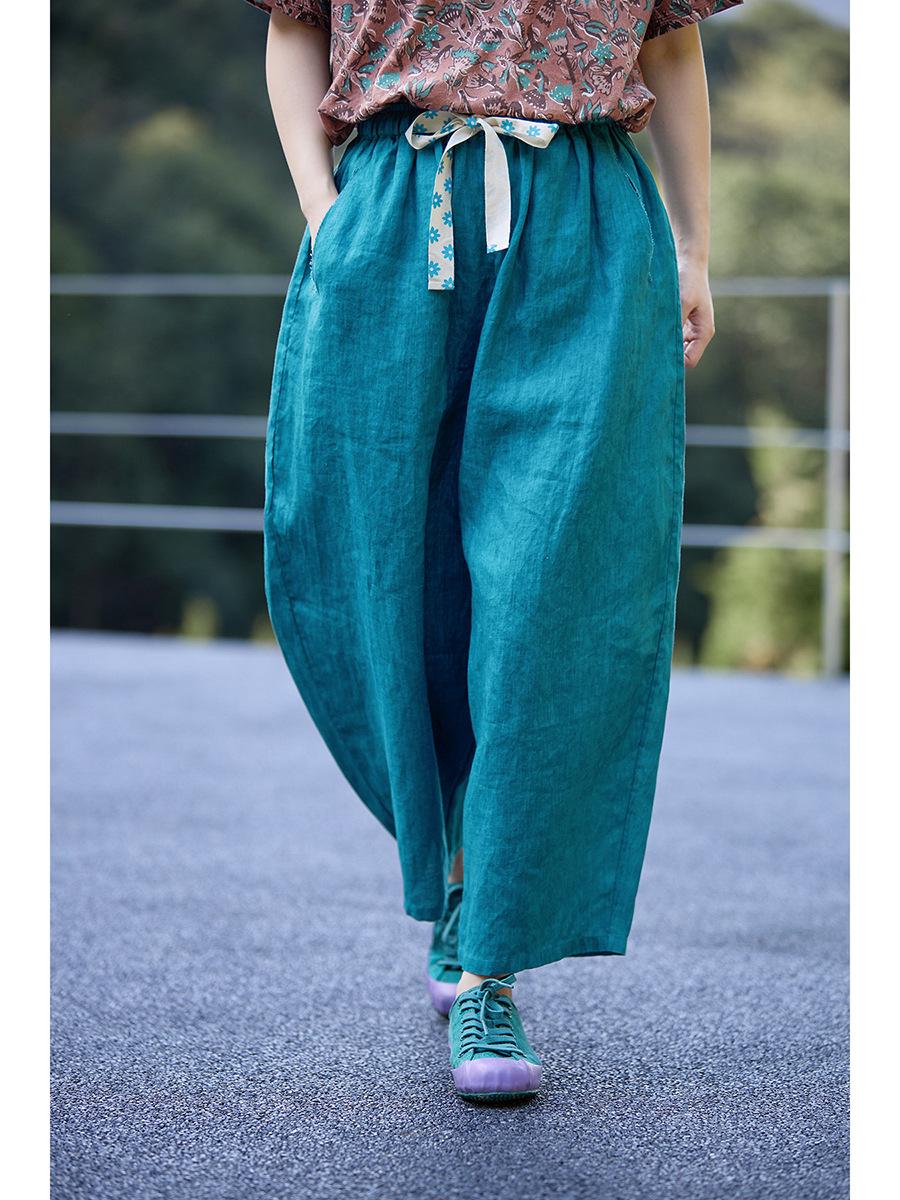 

Stone Blue Linen Retro Carrot Pants - Summer Breathable Elastic Waist Loose Fit Medium