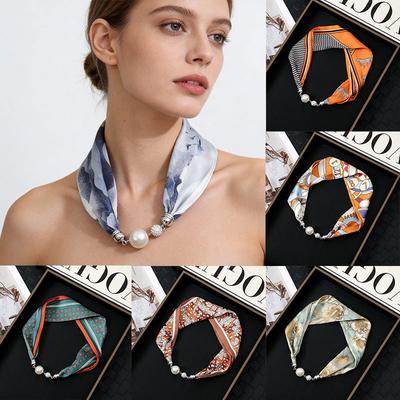 1pc Neckerchief Women Pearls Bead Decorative Magnet Buckle Bag Scarves Silk Scarf