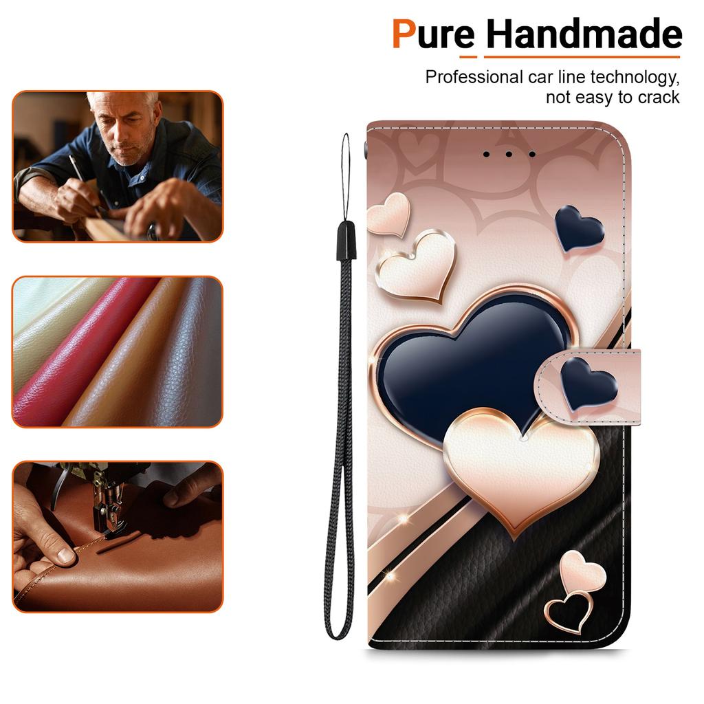 Handmade PU Leather Flip Case for Honor X6a Anti-Slip Shockproof Cover with Wrist Strap & Heart/Rose Cat Designs