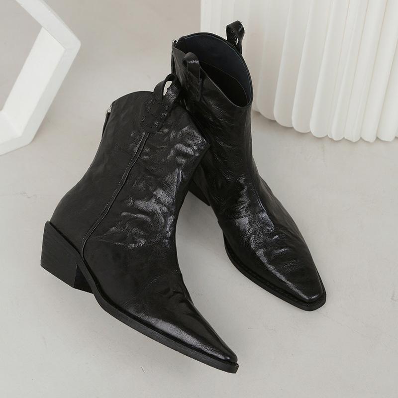 Pointed short boots women's leather thick heel middle heel ankle boots retro v-mouth boots versatile niche thin western cowboy boots