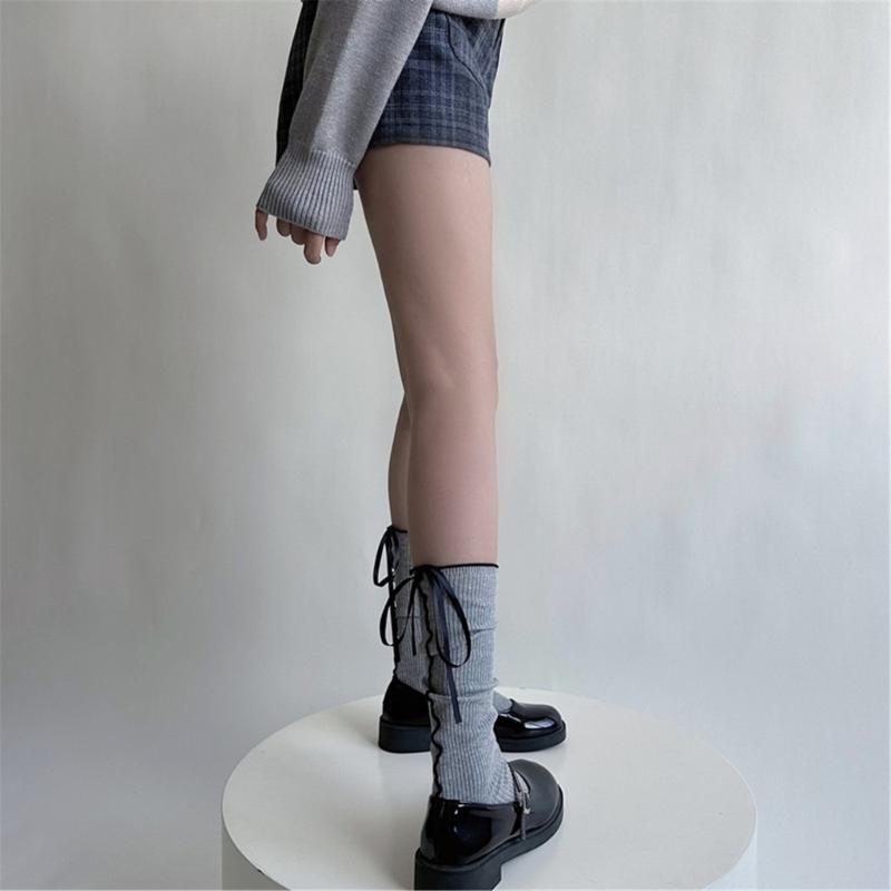 Japanese Style Fashion Middle Tube Calf Socks Women JK Girl Cute Bandage Bowknot Ruffke Trim Cotton Long Socks Stockings