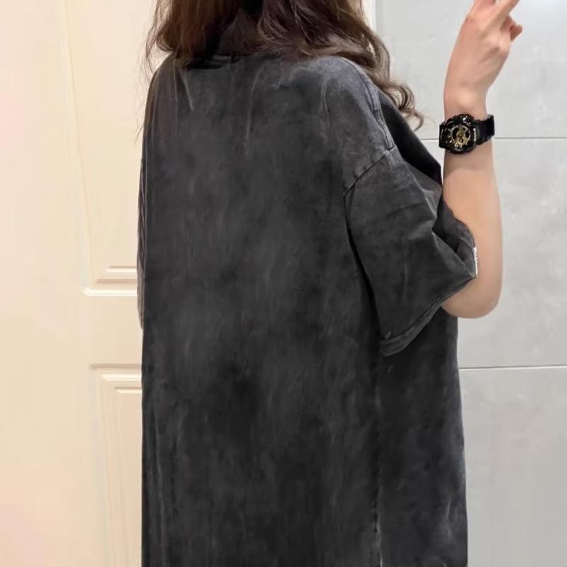 Retro washed shoulder solid color large size short-sleeved t-shirt women's fat mm summer high street loose couple's top