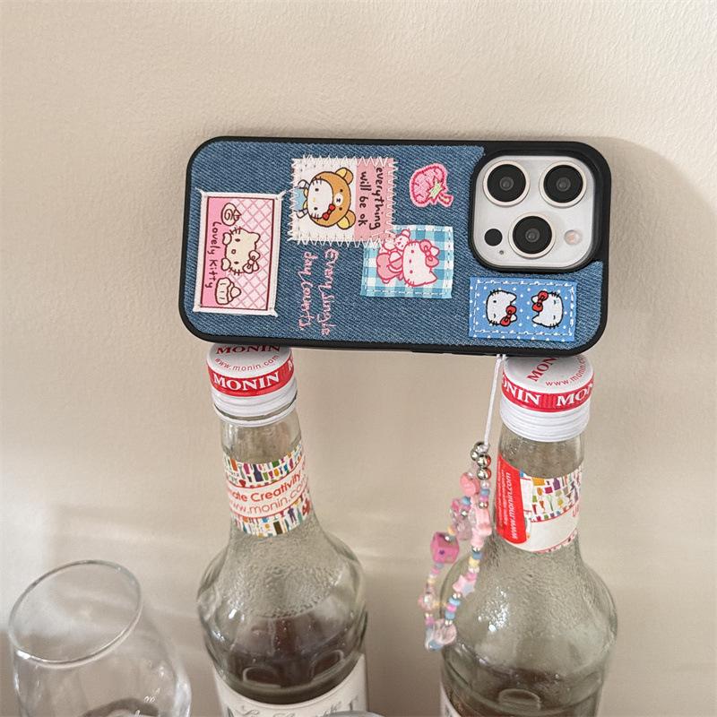 Korean Denim Cat Embroidery Phone Case for iPhone 17/16 Pro Max/15/14