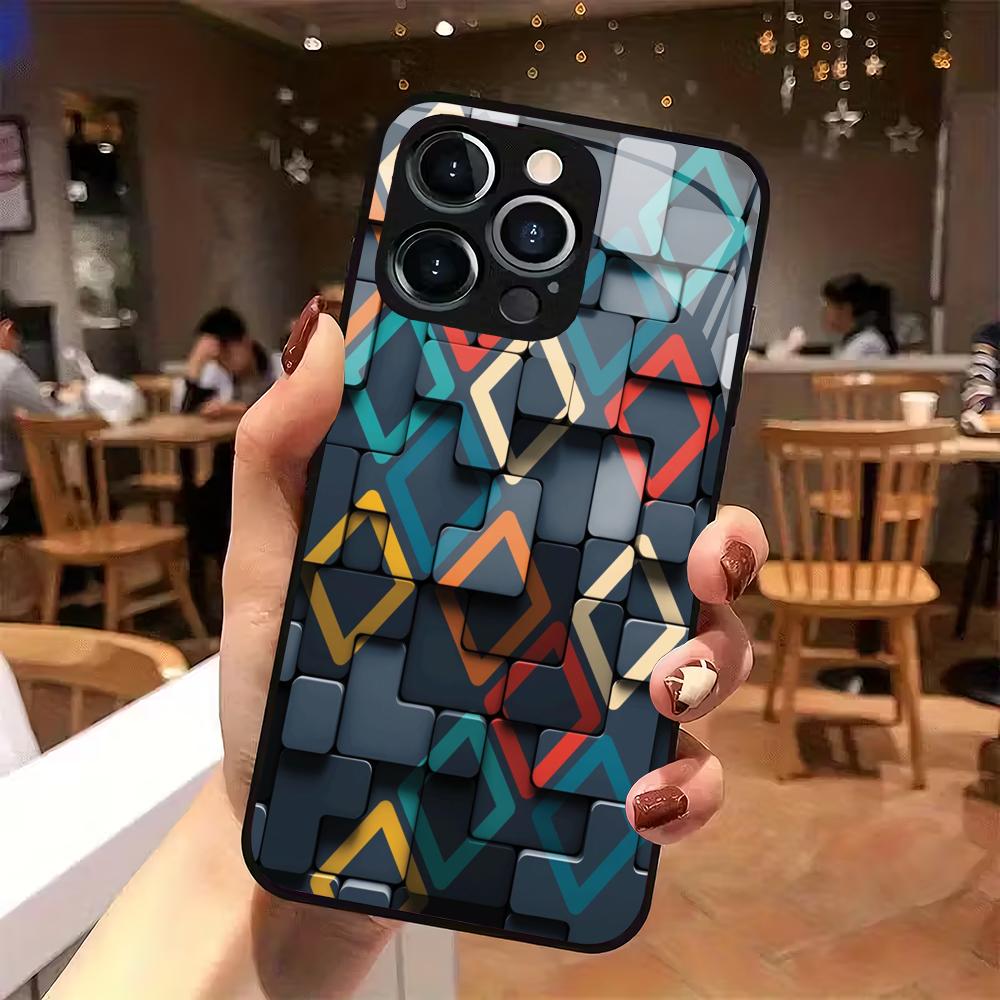 Creative geometric pattern glass mobile phone case suitable for iPhone 17/16/15/14/13/12/11 Pro Max all-inclusive anti-fall