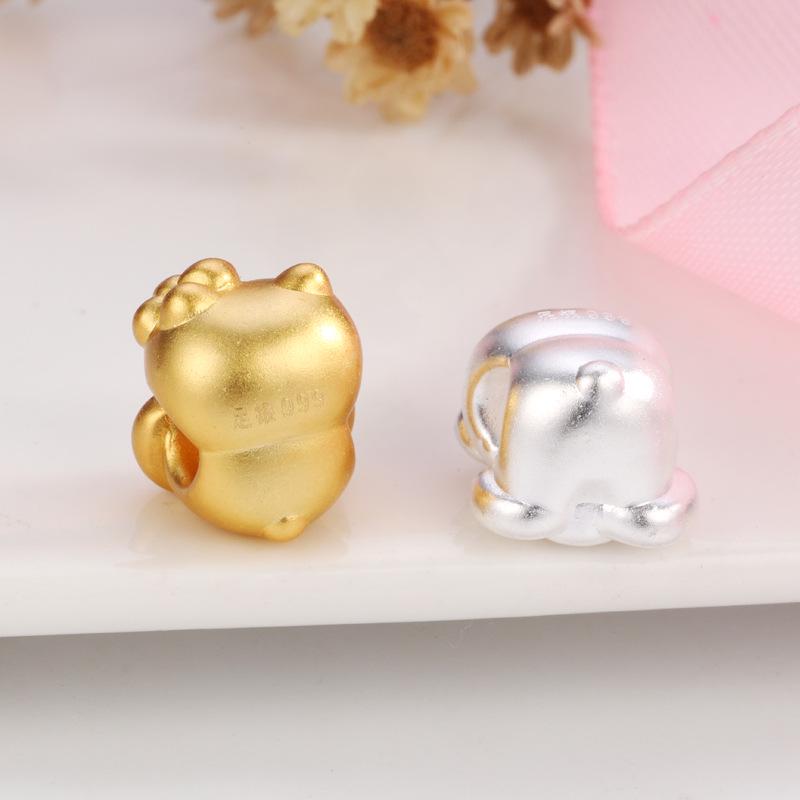 Sterling Silver 999 Hello Kitty Bow Knot Beaded Cartoon Cat Handmade Rope Jewelry Loose Beads