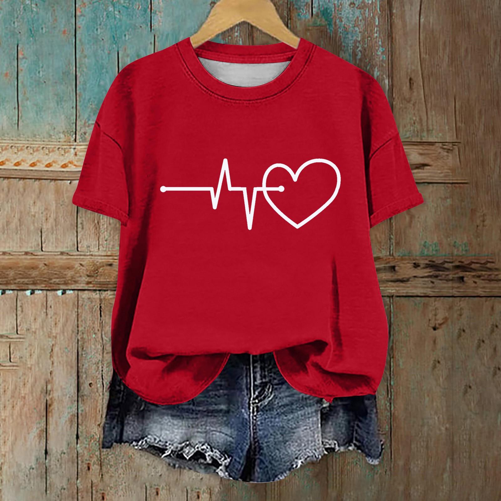 

Жіноча модна повсякденна футболка з короткими рукавами і круглим вирізом на День Святого Валентина XXXL винний