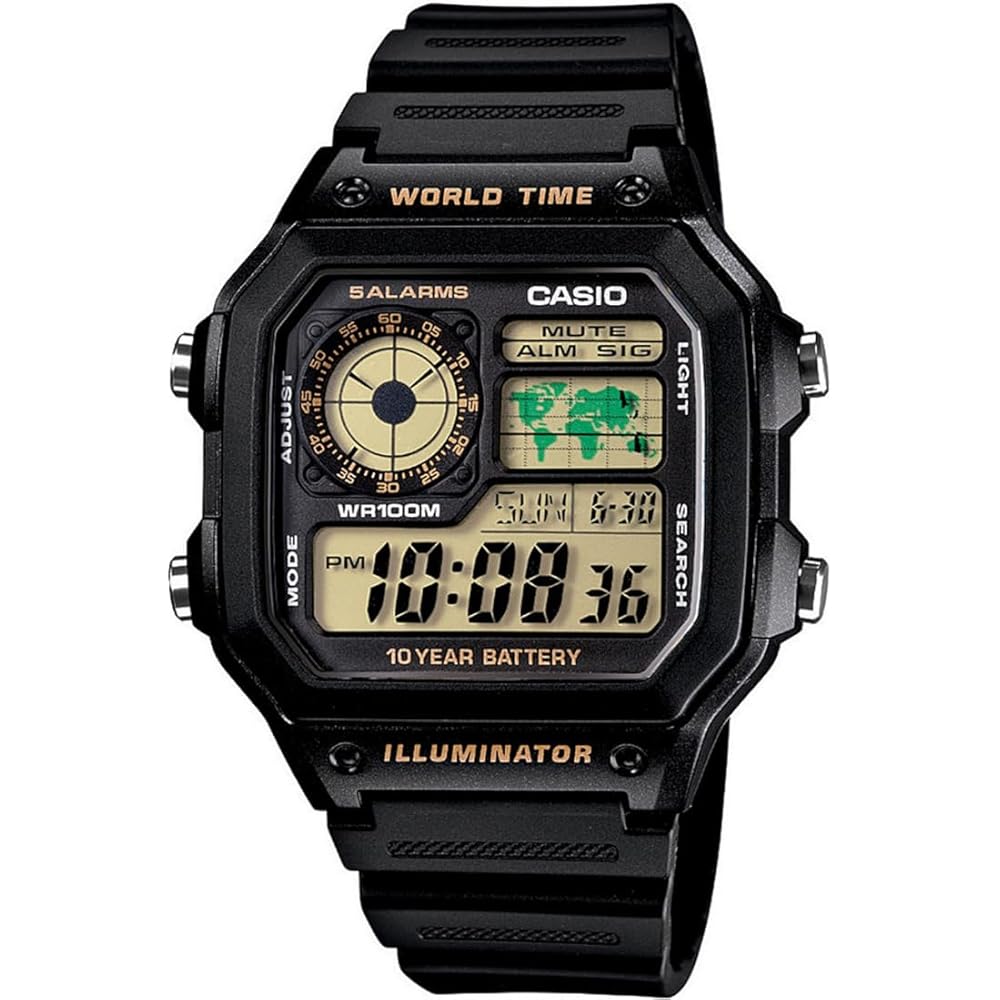 Casio World Time AE-1200WH-1BV Digital Watch Black Gold LCD Men s Wristwatch
