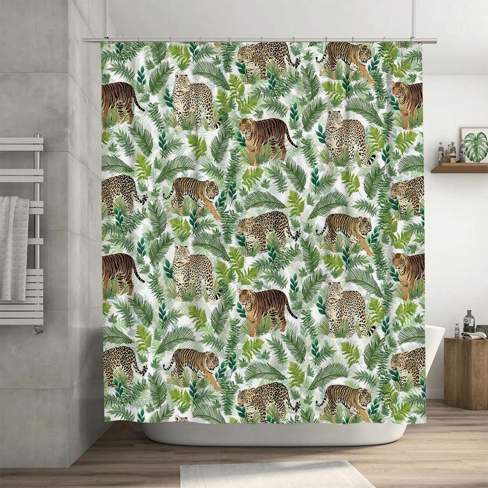 Wildlife Shower Curtain Animal Print Green Leaves Tiger Leopard Print Shower Curtains Modern Home Decor Waterproof Bathroom Acce