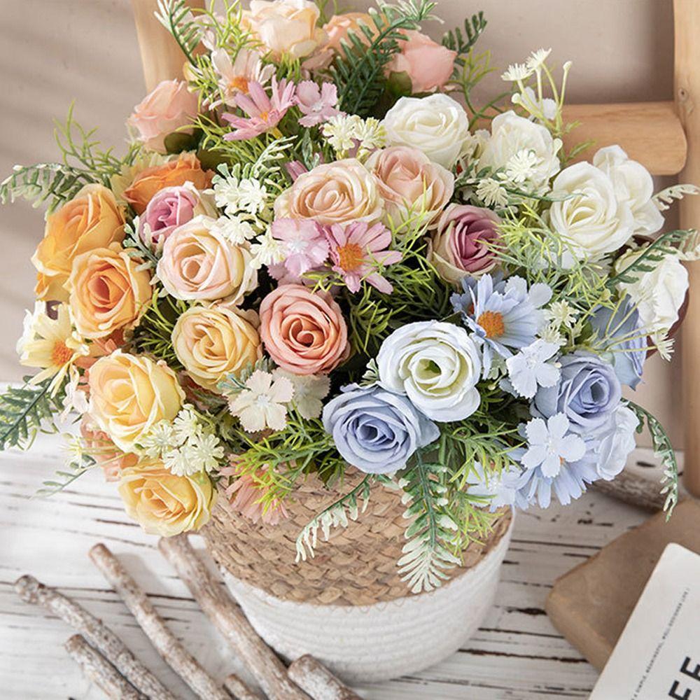 Plastic Artificial Rose Daisy Flowers Real Touch Fake Flower Outdoor Garden Decor