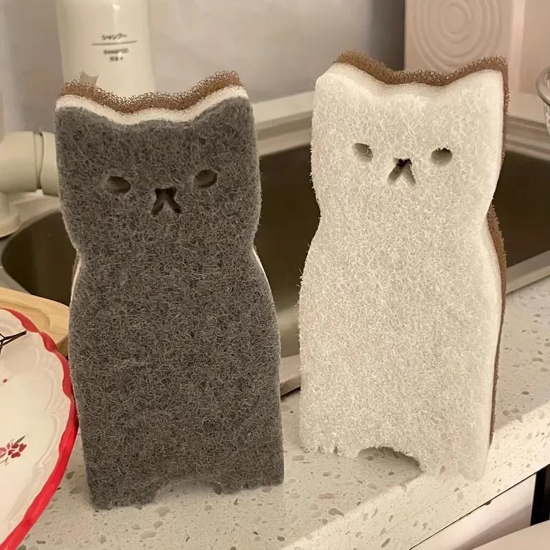 Juego de 4 esponjas de cocina con forma de gato: gruesas y duraderas, ideales para lavar y limpiar platos.