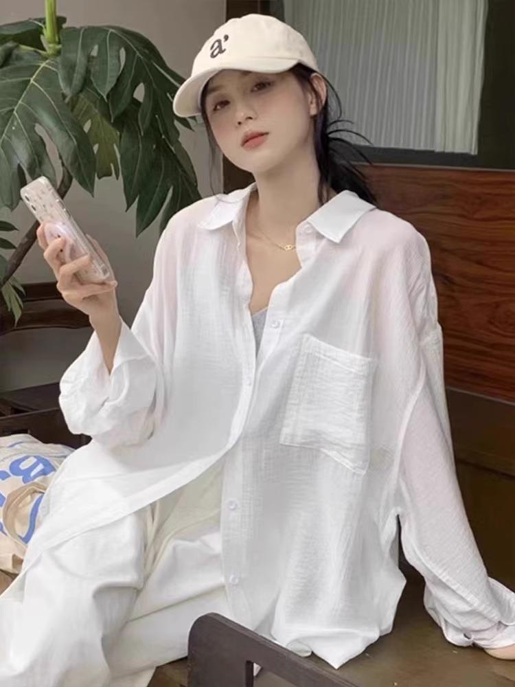 Women's Loose Cotton Linen Summer Sun Protection Shirt - White, Long Sleeve Cardigan