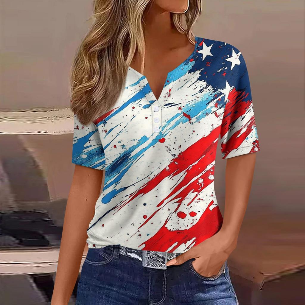 Dámské tričko Tričko Potisk knoflíku Krátký rukáv Denní víkend Móda Basic Top s výstřihem do V