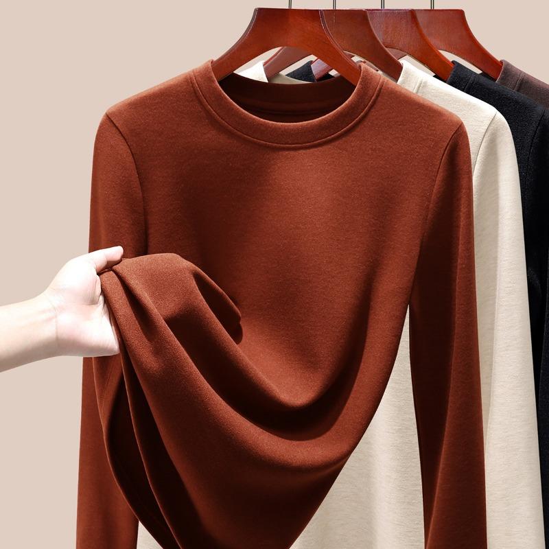 Silk Warm Fleece Heating and Thermal Underwear Women's Inner Fleece Autumn Clothes Single-piece Top Wool Bottoming Shirt Winter