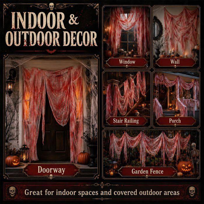 Décoration Halloween - LIAIKI - 600 x 215 cm - Tissu gaze - Rouge et blanc - Grand format