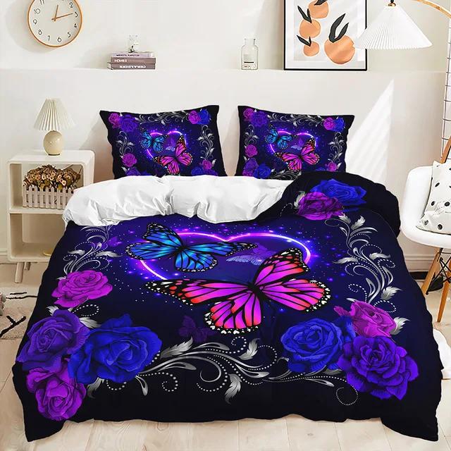 Purple Butterfly Rose Bedding Sets Luxury Duvet Cover Sets Twin Full Queen King Size Comforter Cover Set for Home Decor 3D Print