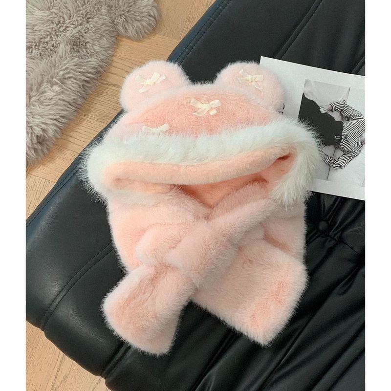 2025 New Winter Scarf Integrated Two-piece Set Cute Bow Plush Bear Ears Hat Women's Versatile