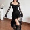 Gothic Goth Dark Fairy Lace Long Sleeve Square Neck A-line Dress Sweet Women E-girl Irregular Long Hem Partywear