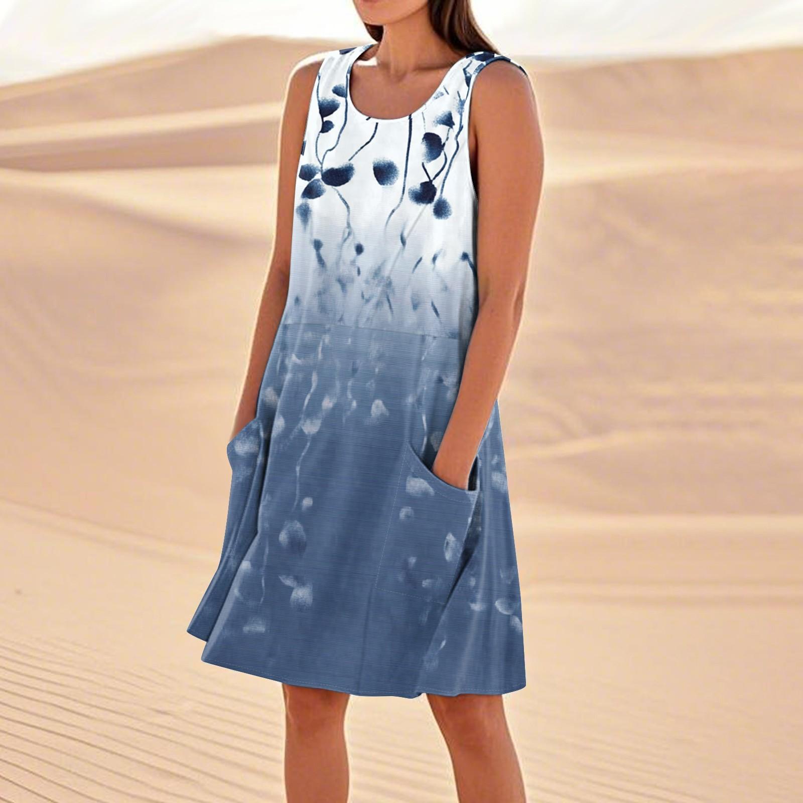 

Платья с принтом для женщин, свободные, пляжные, повседневные, без рукавов, сарафаны с карманами, платье-майка S